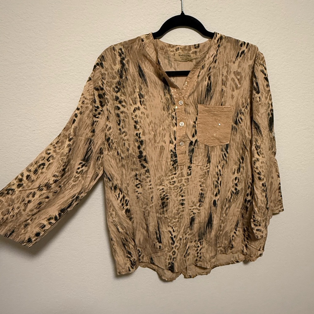 Marshalls Brown Animal-Print Henley Tunic with Chest Pocket